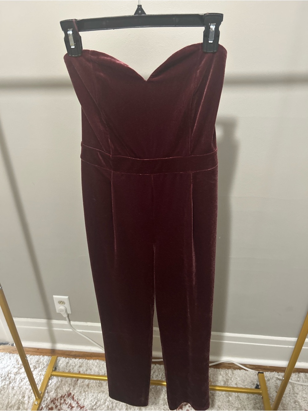 Express Strapless Velvet Jumpsuit in Burgundy